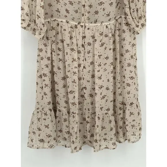 Trixxi Boho Floral Ruffle Mini Dress Beige Sheer Puff Sleeve Women’s Large - Picture 6 of 13